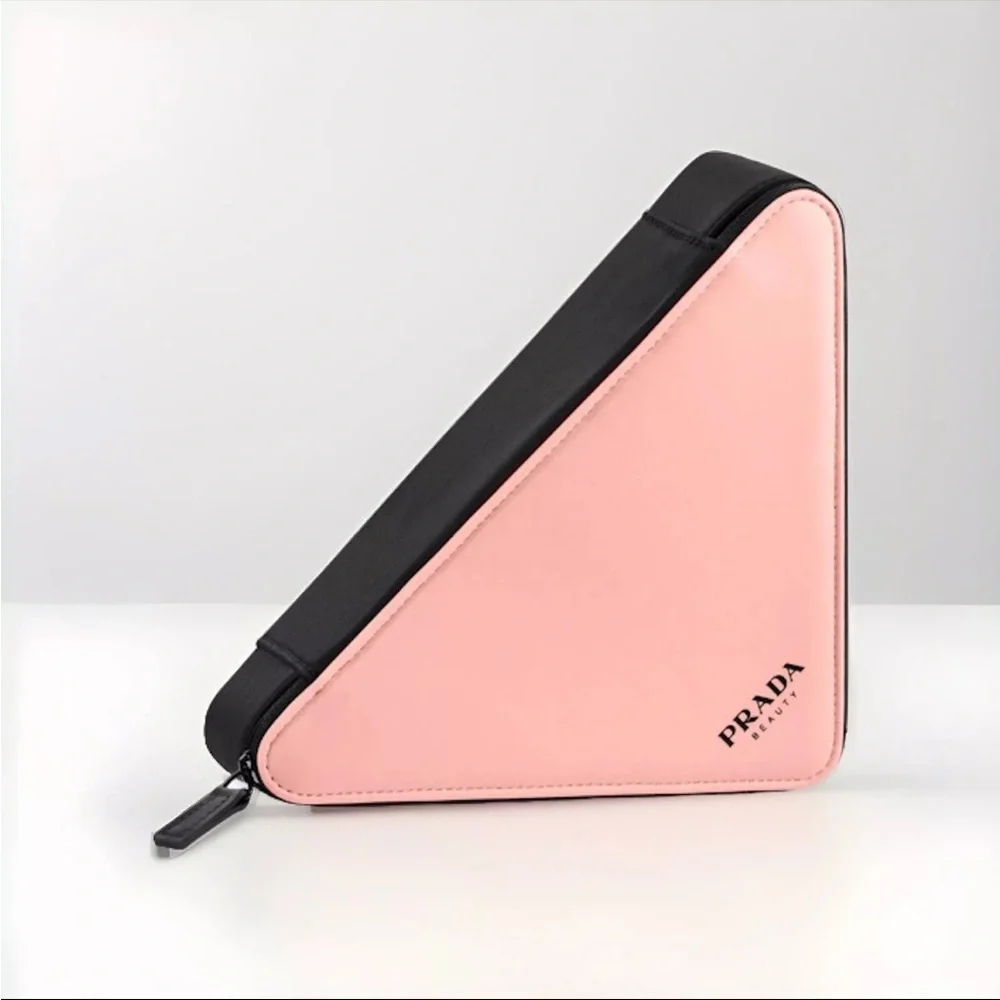 PRADA Triangle Clutch Bag Cosmetic Pouch Pink & Black WITH CHAIN - Picture 2 of 5